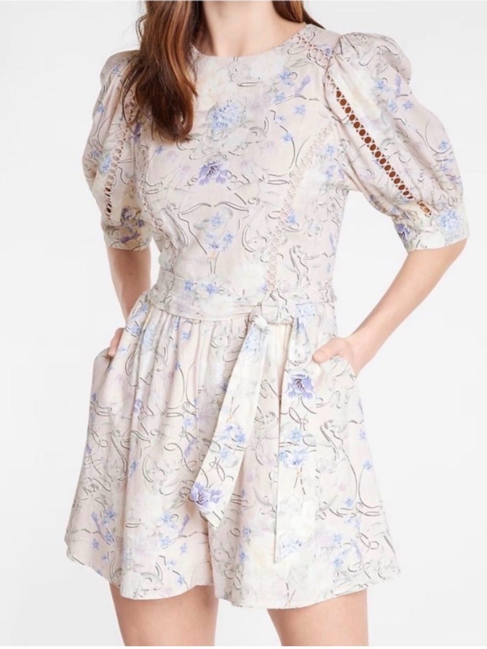 Express Floral Puff-Sleeve Mini Dress in Light Beige and Soft Blue